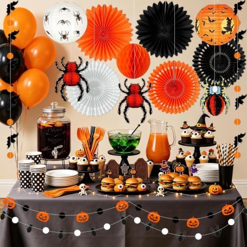 Halloween Party Decorations, Hanging Spider Bat Paper Lanterns Honeycomb Decorations for Home Haunted House Classroom Birthday Party Supplies Props (Orange & Black)