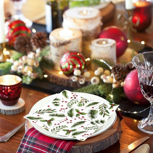 50 PCS Christmas Luncheon Napkins Xmas Berries and Pine Disposable Napkins 3-Ply Holly Berry Greenery Paper Napkins for Christmas Home Kitchen Holiday party Supplies