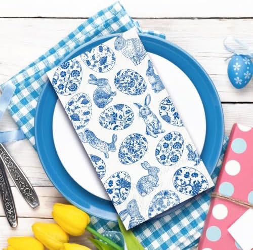 Whaline 40 Pcs Easter Guest Napkins Paper Napkins Blue White Chinoiserie Bunny Rabbit Egg Floral Disposable Bathroom Hand Towels for Spring Bridal Baby Shower Party Dinner Table Supplies