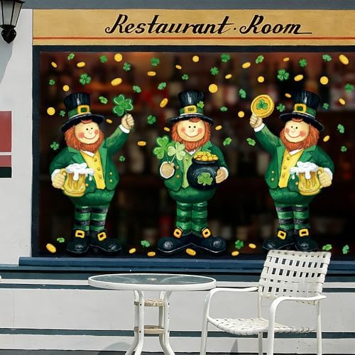 3 Sheets Extra Large St Patrick's Day Leprechaun Window Cling Stickers 13.4X34.6 inch, Green Shamrock Irish Style Window Decals Double Sided for Home Office Spring Party Decoration