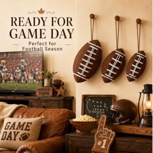 Beeveer 3 Pcs Fall Football Decor Rustic Woven Wall Hanging Decoration