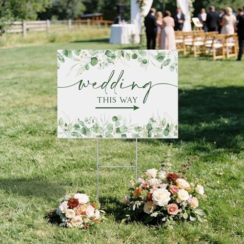 8 Pcs 17 × 8.5" Wedding This Way Directional Parking Signs Road with Stakes Large Double Sided Direction Printed Ceremony Reception Lawn Yard Arrow Sign Exquisite Plastic Rainproof (Green Leaves)