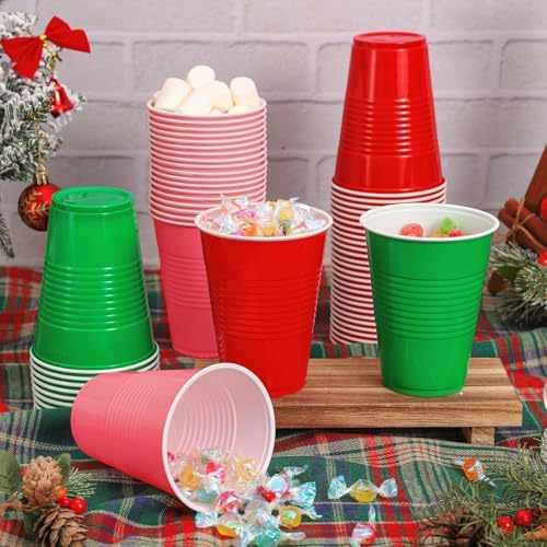 JarThenaAMCS 150Pcs Christmas Plastic Cups 16Oz Red Pink Green Disposable Drinking Cup Stackable Party Cups for Xmas Indoor Outdoor Event Supplies