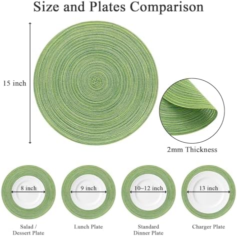 SHACOS Round Placemats Set of 8 Washable 15 inch Round Table Mats Braided Non Slip Fabric Place Mats for Dining Table Indoor Outdoor (Mixed Color Pea Green, 8)