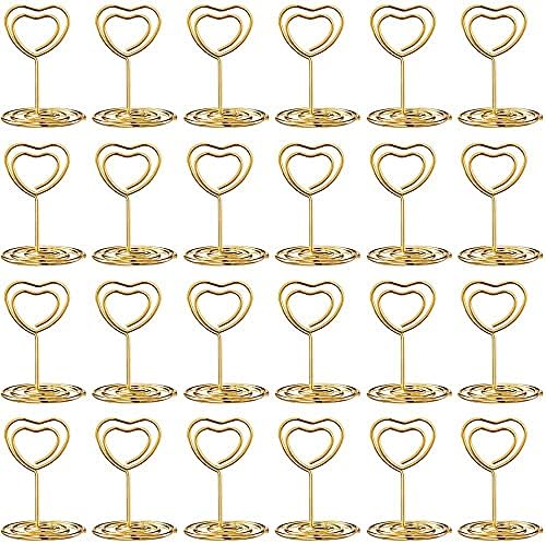 Toncoo 24 Pcs Mini Place Card Holders and 24 Pcs Place Cards with Gold Foil Border, Table Number Stand with Heart Shape, Table Card Holder Photo Picture Holder Memo Menu Clips for Wedding, Birthday