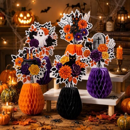AmazingSpark 9 Pcs Halloween Paper Honeycomb Centerpieces Ghost Table Decor