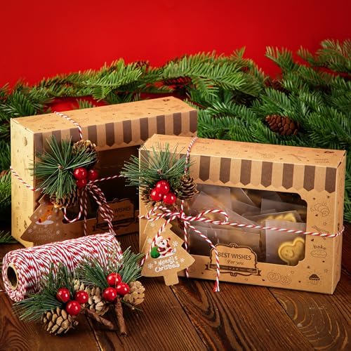 36 Pcs Christmas Cookies Box with Pine Picks,15 Pack Christmas Treat Boxes