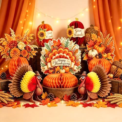 Paper Jazz Thanksgiving Honeycomb Table Decorations, Turkey and Pumpkin Centerpieces, Fall Autumn Theme Decor Set of 9, Indoor Tabletop Centerpiece for Thanksgiving Party Home Dining Table