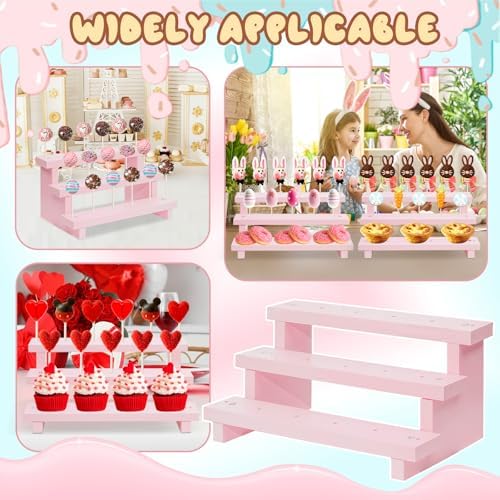 Wood Cake Pop Stands, 3 Tier Lollipop Holders with Twist Ties Lollipop Sticks, Sucker Display Riser for Dessert Table of Wedding Birthday Party (Pink-2P-17 Hole)