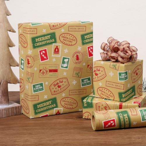 LaRibbons Kraft Christmas Wrapping Paper, Vintage Xmas Postmark Stamp