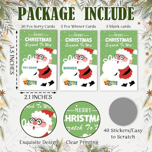 ZIIUFRN 40 Pcs Santa Christmas Scratch Off Cards with Stickers, Merry Christmas Raffle Tickets for Games Prizes, Xmas Holiday Party Games for Family Party -A01