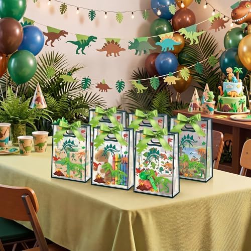 Capoda 24 Pack Dinosaur Party Favor Bags, Clear Gift Bags with Handles and Green Ribbons, Dino Goodie Treat Bag, Transparent Favor Bag for Birthday Party Supplies, Baby Shower, Classroom Rewards