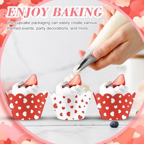 Domensi 100 Pcs Red Heart Cupcake Wrappers Rustic Cupcake Liners Red and White Baking Cups Baking Liners for Mother's Day Wedding Bridal Baby Shower Birthday Tea Party Supplies Dessert Decorations
