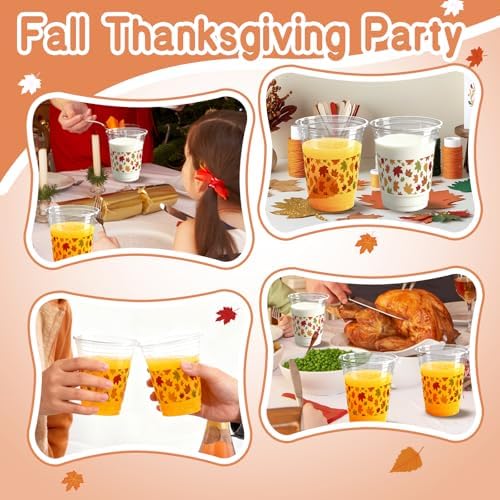 100 Pcs Fall Plastic Cups 12oz Maple Leaf Clear Disposable Plastic Cups for Harvest Autumn Fall Thanksgiving Birthday Party Supplies