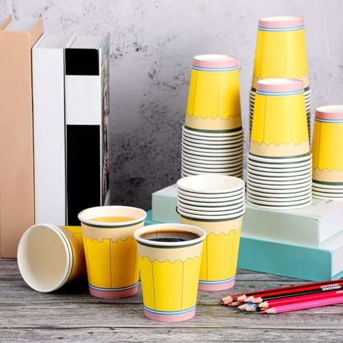 Funtery 100 Pieces Christmas Paper Cups Xmas Disposable Coffee Cups Christmas 9 Ounce Drinking Tea Paper for Daily Use Holiday(Pencil)