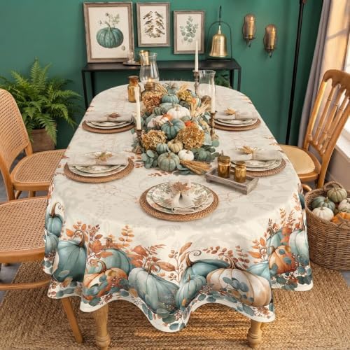 Fall Oval Tablecloth 60 x 102 Inch, Stain Resistant Washable Fabric Autumn Pumpkin Table Cloth Oval Fall Tablecloth Table Cover for Kitchen Dining Party