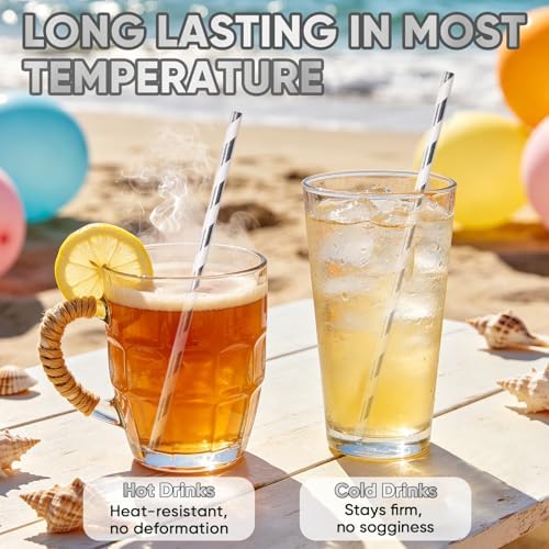 Silver and White Striped Paper Straws, 7.75 inch Disposable Drinking Straws for Cocktails, Brithday, Weddings - 100% Biodegradable & Compostable