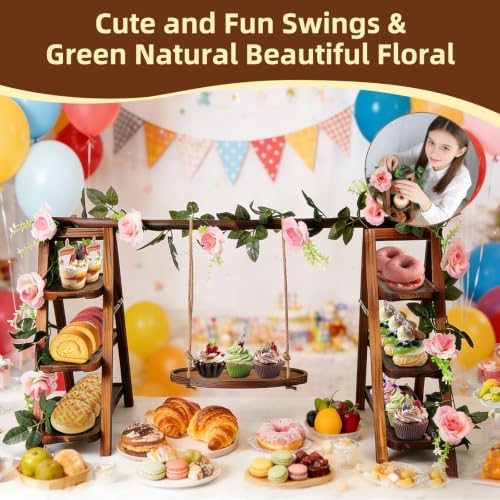 Wooden Cupcake Stand, 3 Tier Dessert Display Serving Tray with Swing and Flower Decoration, Foldable Tiered Ladders Stand for Party, Birthday, Wedding, Baby Shower, Table Food Display for Fruit Bread