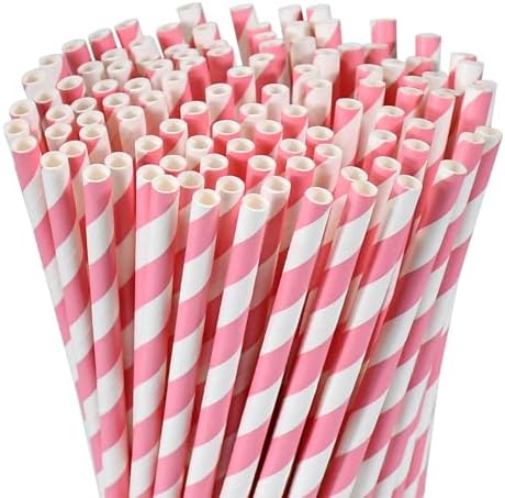 7.75" Pink Straws, Pink White Striped Paper Drinks Straws Disposable 100 ct