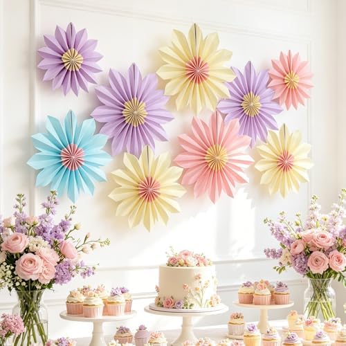 Pastel Paper Fans, Pastel Party Decorations for Classroom, Birthday, 9 PCS Yellow, Pink and Purple Pastel Paper Flower Decorations for Baby Shower, Wall Decor