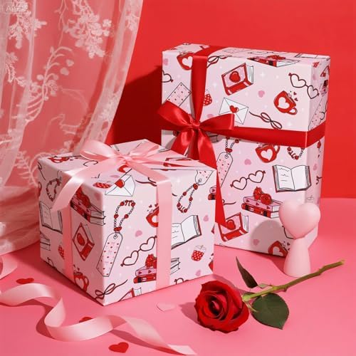 WRAPAHOLIC Valentines Day Wrapping Paper Roll - Mini Roll - 17 Inch x 16.5 Feet - Pink Love Hearts, Roses, Book Wrapping Paper, Perfect for Valentine’s Day, Wedding, Anniversary