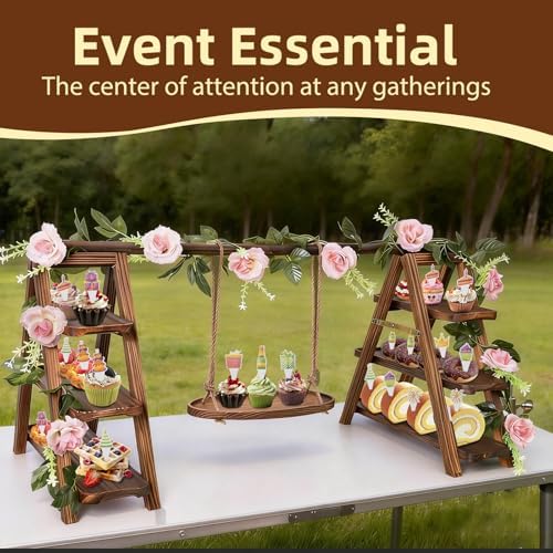 Wooden Cupcake Stand, 3 Tier Dessert Display Serving Tray with Swing and Flower Decoration, Foldable Tiered Ladders Stand for Party, Birthday, Wedding, Baby Shower, Table Food Display for Fruit Bread