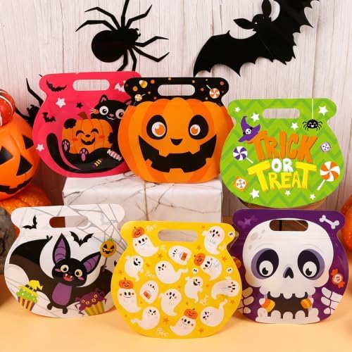 FOIMAS Halloween Treat Bags, 48pcs Plastic Candy Bags Zipper Seal Bags Resealable Pumpkin Bat Ghost Goodie Bags with Handles for Trick or Treat Halloween Party Supply Decor Home Classroom