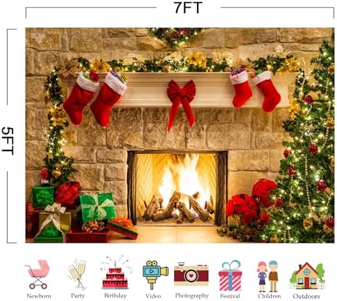 7x5ft Christmas Fireplace Theme Backdrop for Photography