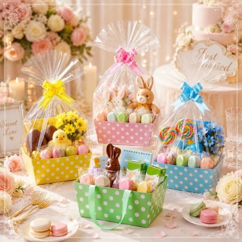 Moinchore 12 Set Pastel Polka Dot Basket for Gifts Empty 9.8x6.5'' Cute Macarons Market Tray Cardboard with Bows, Cellophane Bags, Twist Tiles, Empty to Fill for Summer Wedding Holiday Party Supplies
