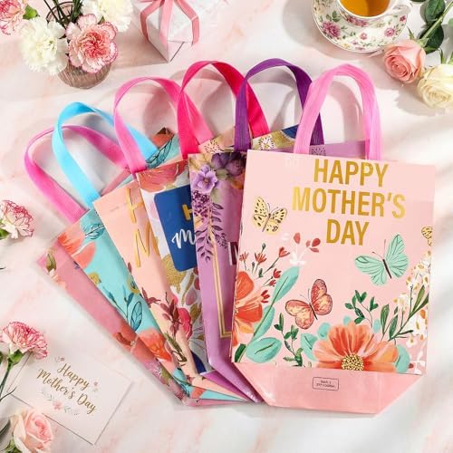 Wesnoy 48 Pcs Happy Mother's Day Tote Gift Bags with Handles Bulk Floral Non Woven Mom Candy Bags Reusable for Gift Wrapping Happy Mother's Day Goody Shopping Party Favor, 11.4 x 10.6 x 4.7 Inch