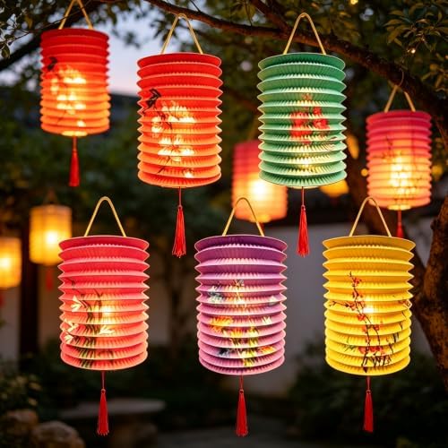 5PCS Paper Lanterns with LED Lights Valentines Day Chinese New Year'eve Spring Festival Lantern 6.3inches , Hanging Lighting Lanterns for Mid Autumn Dinner Birthday Party Decoration