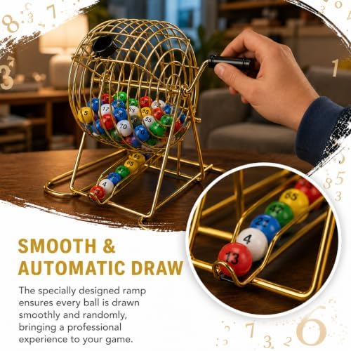 Deluxe Bingo Set with 6-Inch Durable Gold Steel Cage, Magnetic Bingo Wand, 80 Metal-Rimmed Bingo Chips, 75 Calling Balls, 18 Large Cards & Master Board – Premium Bingo Set for Family Nights, Parties