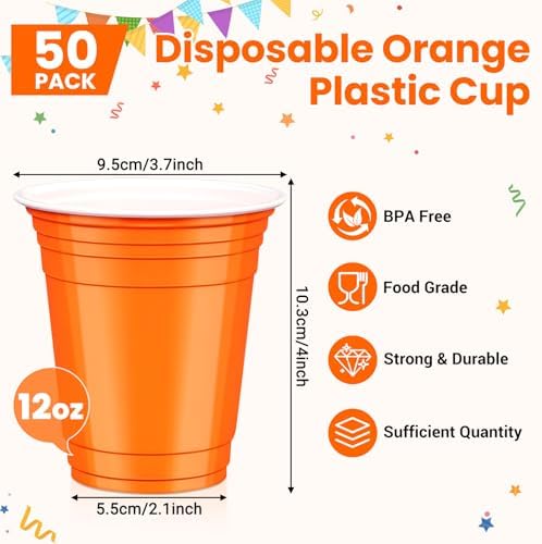 50 Pcs Orange Plastic Cups, 12 oz Disposable Cups for Party