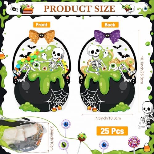 Fuutreo 25 Pcs Halloween Treat Bags with Handles, Skeleton Plastic