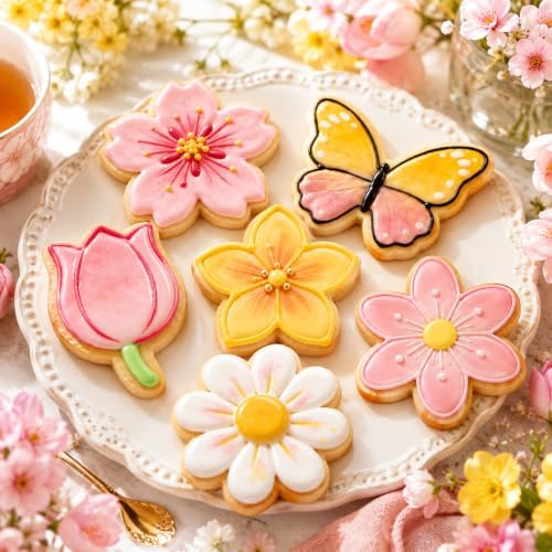Flower Cookie Cutter Set, 6 PCS Tulip, Cherry Blossom, Frangipani, Daisy, Sunflower, Butterfly, Stainless Steel Holiday Cookie Cutter Shapes for Baking Biscuit Molds