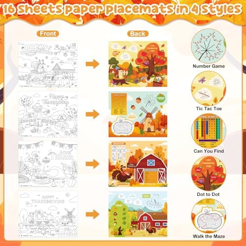 16PCS Thanksgiving Coloring Placemats, Large Kids Paper Thanksgiving DIY Placemats for Classroom Crafts Activity Party Supplies (Classic)
