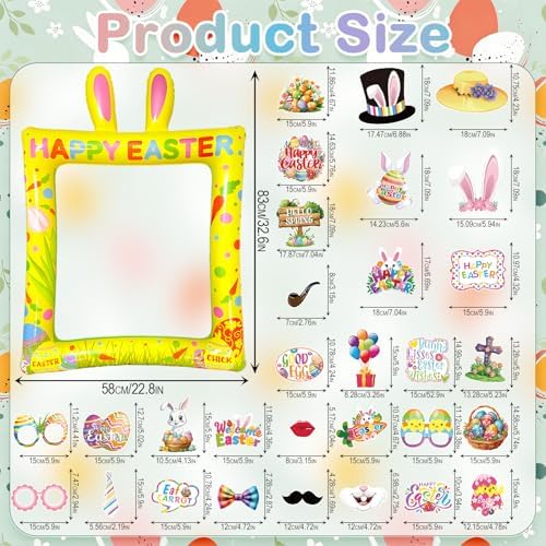 Happy Easter Inflatable Photo Frame & Props Set, 30Pcs Easter Photo Props with Giant Inflatable Picture Frame for Easterday Party Selfie Supplies