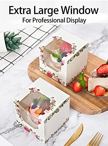 Happyhiram 50 Pack Rose Floral Single Cupcake Boxes with Inserts & Window