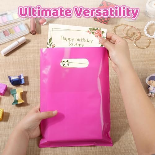 VieFantaisie 50 PCS Hot Pink Party Favor Bags, 8" x 11" Goodie Bags for Candy Treat Craft Easter Egg, Plastic Gift Bag with Die Cut Handles for Birthday Party, School Events & Small Business, Wedding