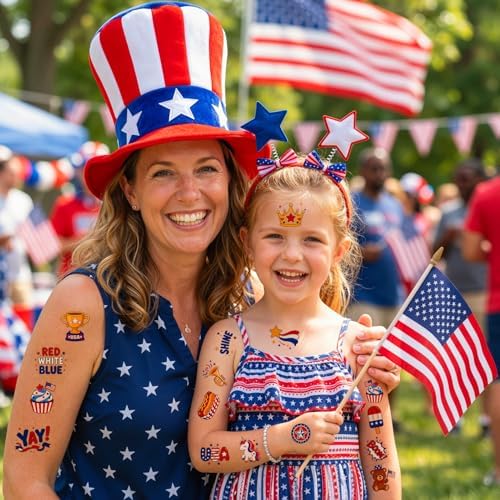 JCFIRE 4th of July Temporary Tattoos for Kids Adults, Cute Independence Day Fake Tattoos Stickers, Fourth of July Red White and Blue 4th of July Accessories for Women Girls Party Favors