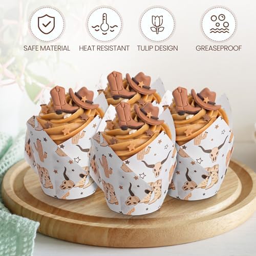 Maxdot 200 Pcs Western Cowboy Tulip Cupcake Liners for Baking Western Theme Paper Muffin Baking Cups Retro Wild West Tulip Muffin Liners Wrappers for Baby Shower Birthday Party