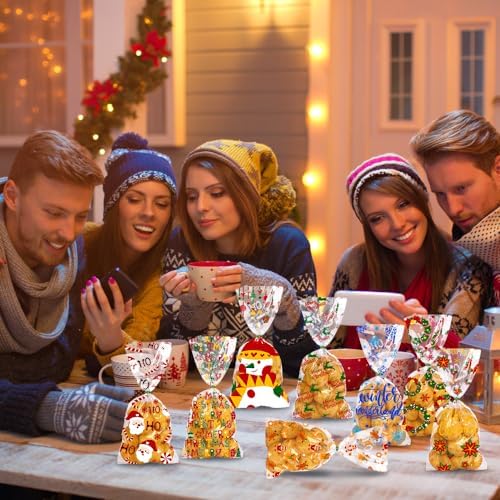 DULEFUN 160PCS Christmas Cellophane Treat Bags 8 Styles with Twist Ties