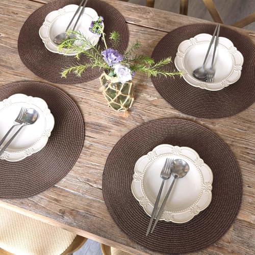 FunWheat Round Braided Placemats Set of 12 Place Mats for Dining Table Woven Washable Non-Slip Table Mats 15 Inch(Brown,12pcs)