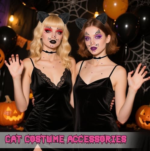 Black Cat Ears Headband, Bell Choker & Face Stickers - Black Cat Costume Outfit Woman Adult Women, Halloween Dress Up & Cosplay Party Accessories