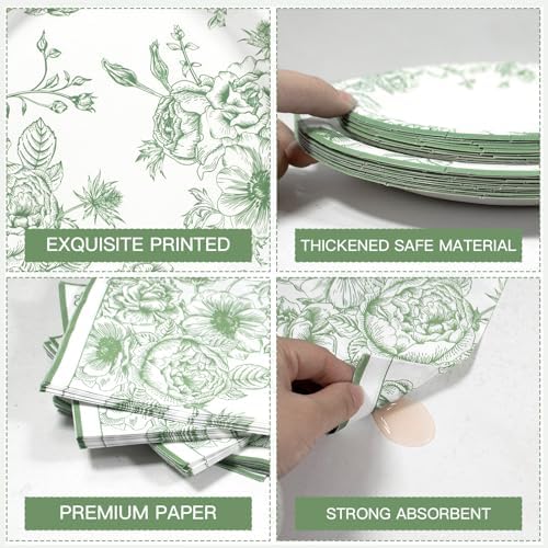 Sage Green Floral Plates and Napkins Party Supplies,Serve 60 Guests