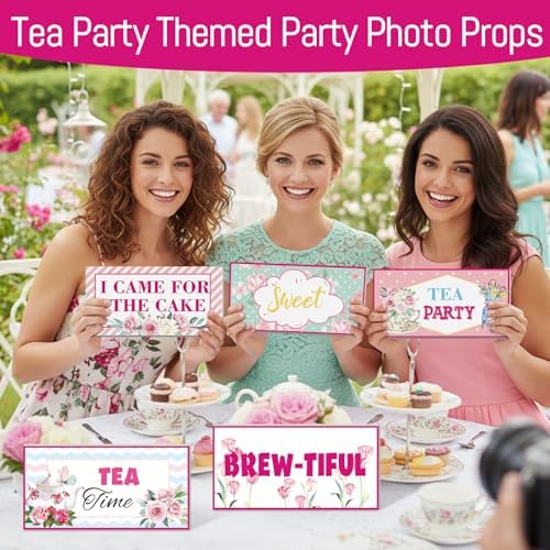 Beeveer 24 Designs Tea Party Photo Booth Props, Double Sided PVC Signs
