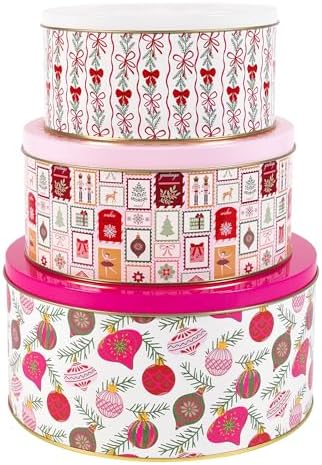 Martha Stewart Metal Cookie Tins, 3-Piece Nesting Set, Small, Medium & Large, Christmas Containers for Gift & Storage (Ornaments and Bows)