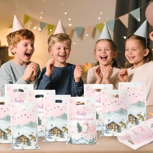Haooryx Winter Camp Gift Bag - 50Pcs Pink Winter Wonderland Snowflake Adventure Plastic Pack Happy New Year Holiday Gift Wrap Presents Party Favor Goodie Bags Handles Bulk Gifts Wrapping Reusable Tote