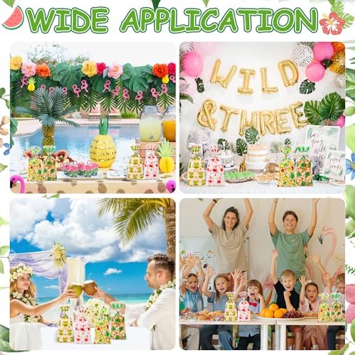 ZYLOP 100Pcs Hawaiian Tropical Cellophane Treat Bags - 5x11 Inch Pineapple Flamingo Goodie Bags with Twist Ties, Clear Plastic Candy Bag for Luau Summer Party Favors, Tiki Bar & Jungle Theme Supplies