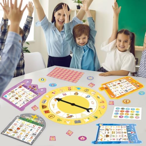 Easter Bible Bingo Game for Adults 24 Players Easter Bible Games for Kids Christian Supplies Cross Bingo Cards with Turntable Reward Stickers for Christian Party Activities Home Family Game